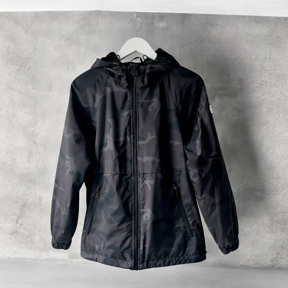 Michael Kors Black Gray Camouflage Hooded Jacket Size L Zippers Pockets